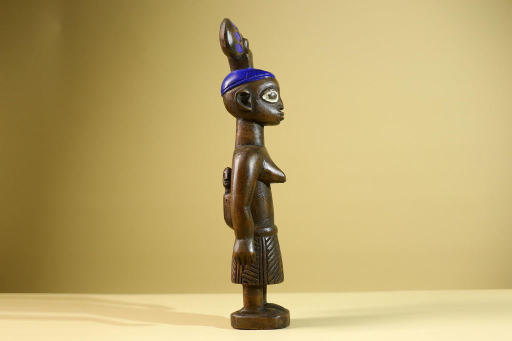 African Yoruba Female Figure: Hand Carved Wood Tribal Art with Blue Crest-G5802