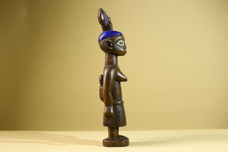 African Yoruba Female Figure: Hand Carved Wood Tribal Art with Blue Crest-G5802
