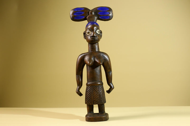 African Yoruba Female Figure: Hand Carved Wood Tribal Art with Blue Crest-G5802