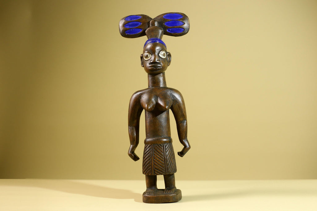African Yoruba Female Figure: Hand Carved Wood Tribal Art with Blue Crest-G5802