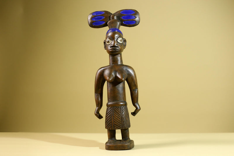 African Yoruba Female Figure: Hand Carved Wood Tribal Art with Blue Crest-G5802