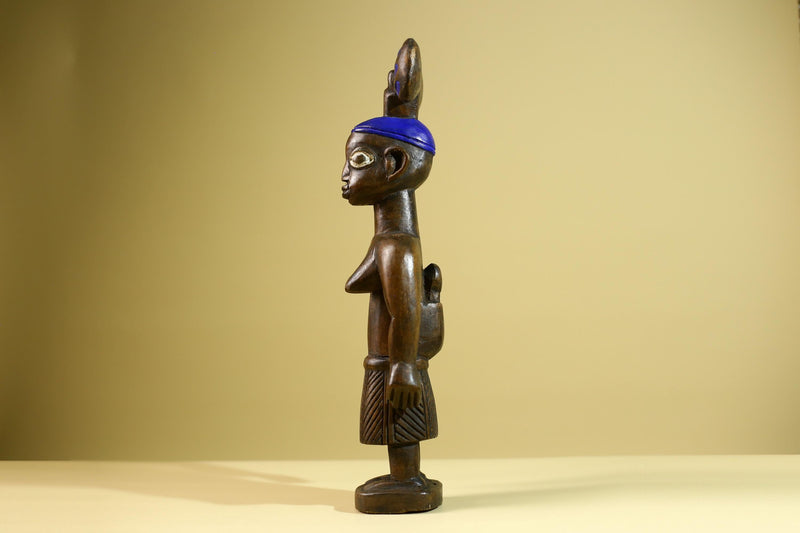 African Yoruba Female Figure: Hand Carved Wood Tribal Art with Blue Crest-G5802
