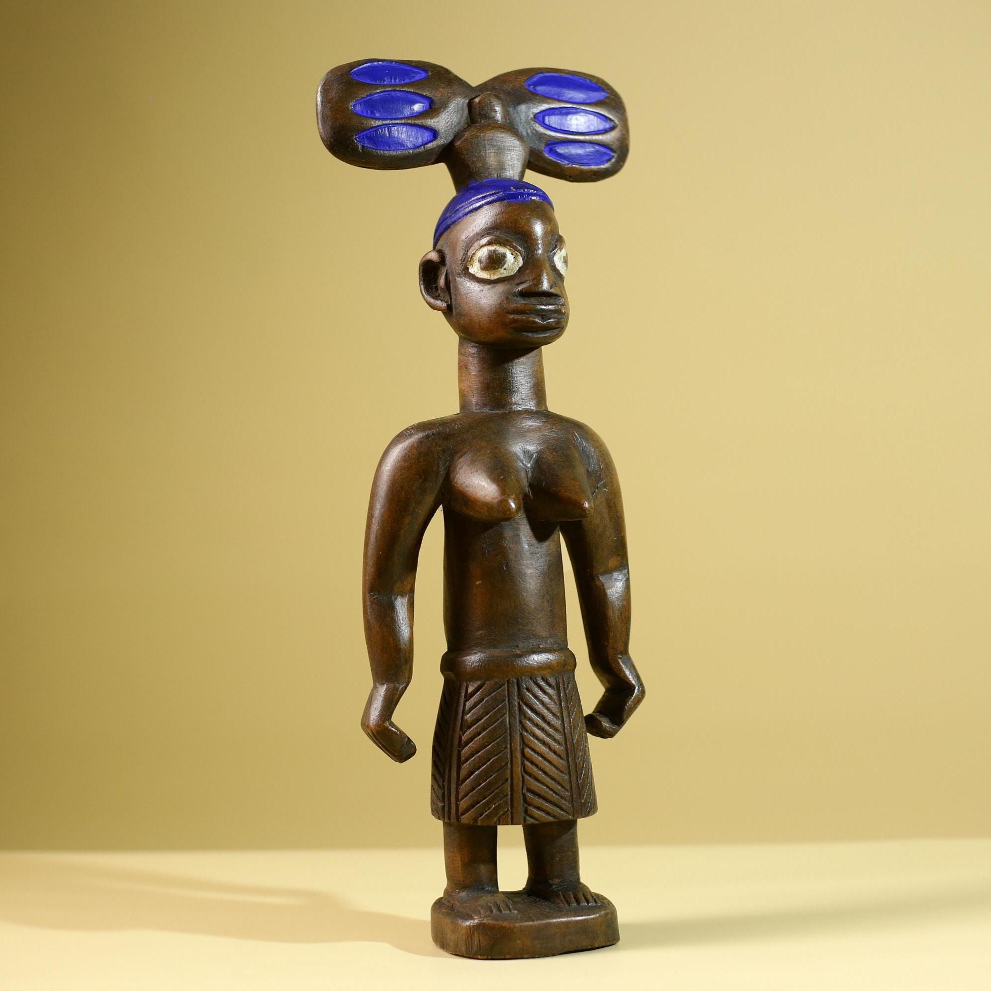 African Yoruba Female Figure: Hand Carved Wood Tribal Art with Blue Crest-G5802