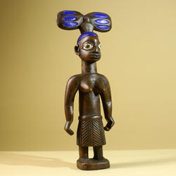 African Yoruba Female Figure: Hand Carved Wood Tribal Art with Blue Crest-G5802