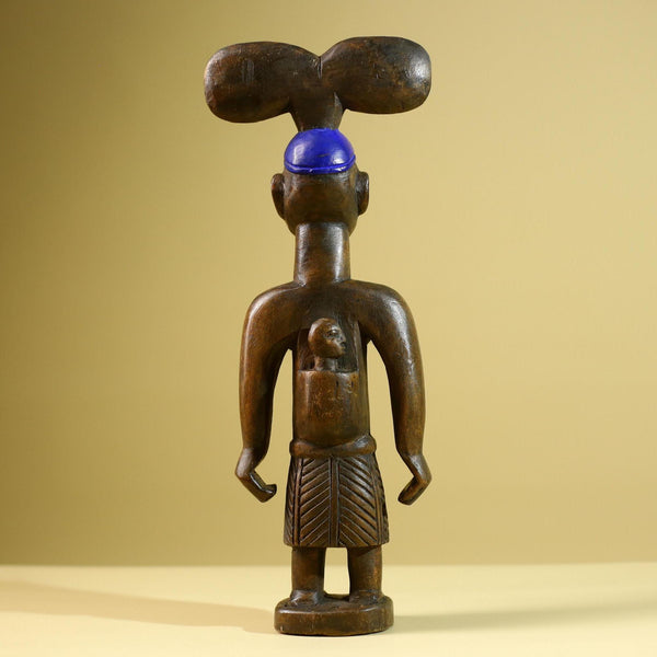 African Yoruba Female Figure: Hand Carved Wood Tribal Art with Blue Crest-G5802
