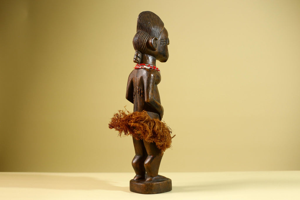 African Tribal Woman Statue with Raffia Skirt and Beaded Necklace Hand Carved Wood Figure Folk Art Home Decor Sculpture-G5805