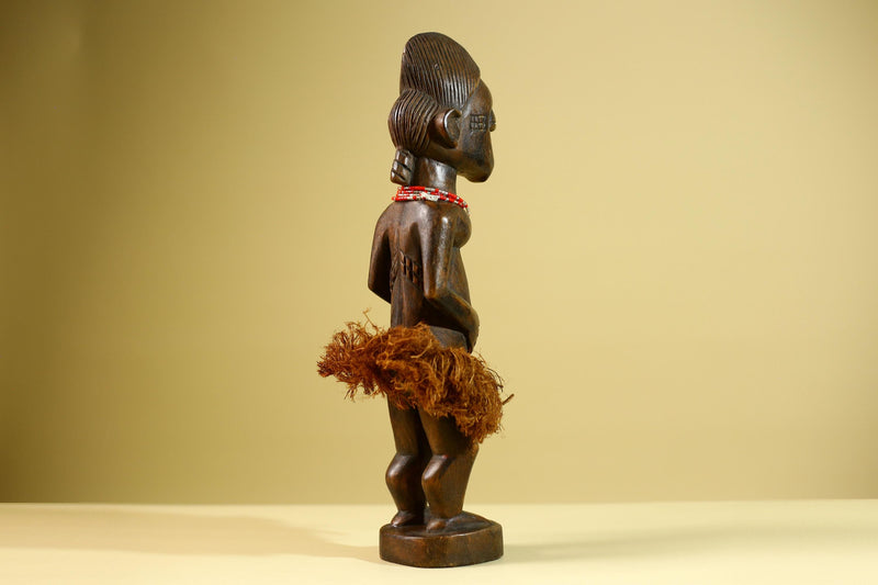 African Tribal Woman Statue with Raffia Skirt and Beaded Necklace Hand Carved Wood Figure Folk Art Home Decor Sculpture-G5805