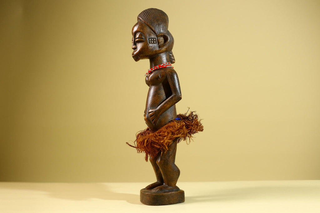 African Tribal Woman Statue with Raffia Skirt and Beaded Necklace Hand Carved Wood Figure Folk Art Home Decor Sculpture-G5805
