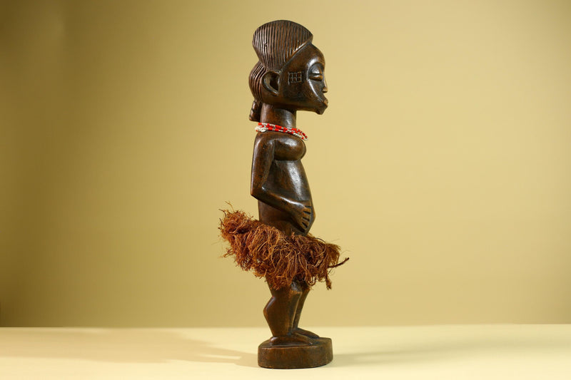 African Tribal Woman Statue with Raffia Skirt and Beaded Necklace Hand Carved Wood Figure Folk Art Home Decor Sculpture-G5805