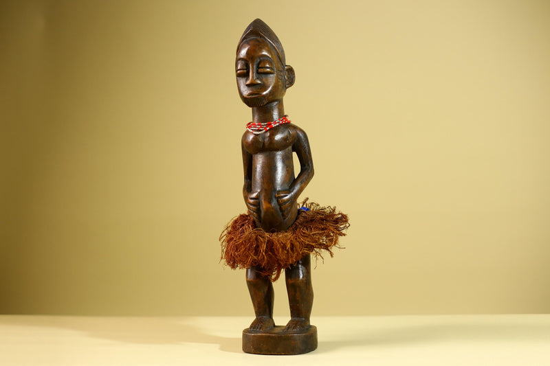 African Tribal Woman Statue with Raffia Skirt and Beaded Necklace Hand Carved Wood Figure Folk Art Home Decor Sculpture-G5805