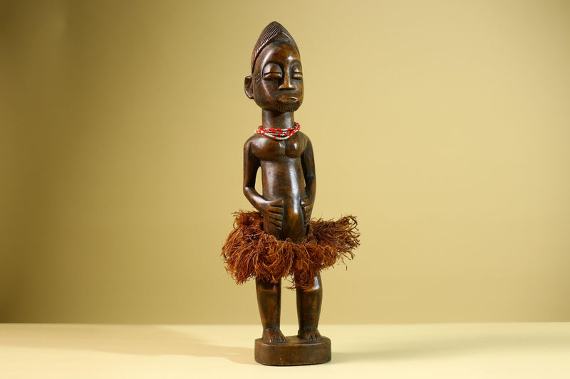 African Tribal Woman Statue with Raffia Skirt and Beaded Necklace Hand Carved Wood Figure Folk Art Home Decor Sculpture-G5805