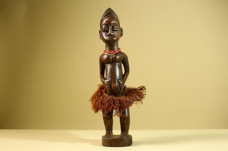 African Tribal Woman Statue with Raffia Skirt and Beaded Necklace Hand Carved Wood Figure Folk Art Home Decor Sculpture-G5805