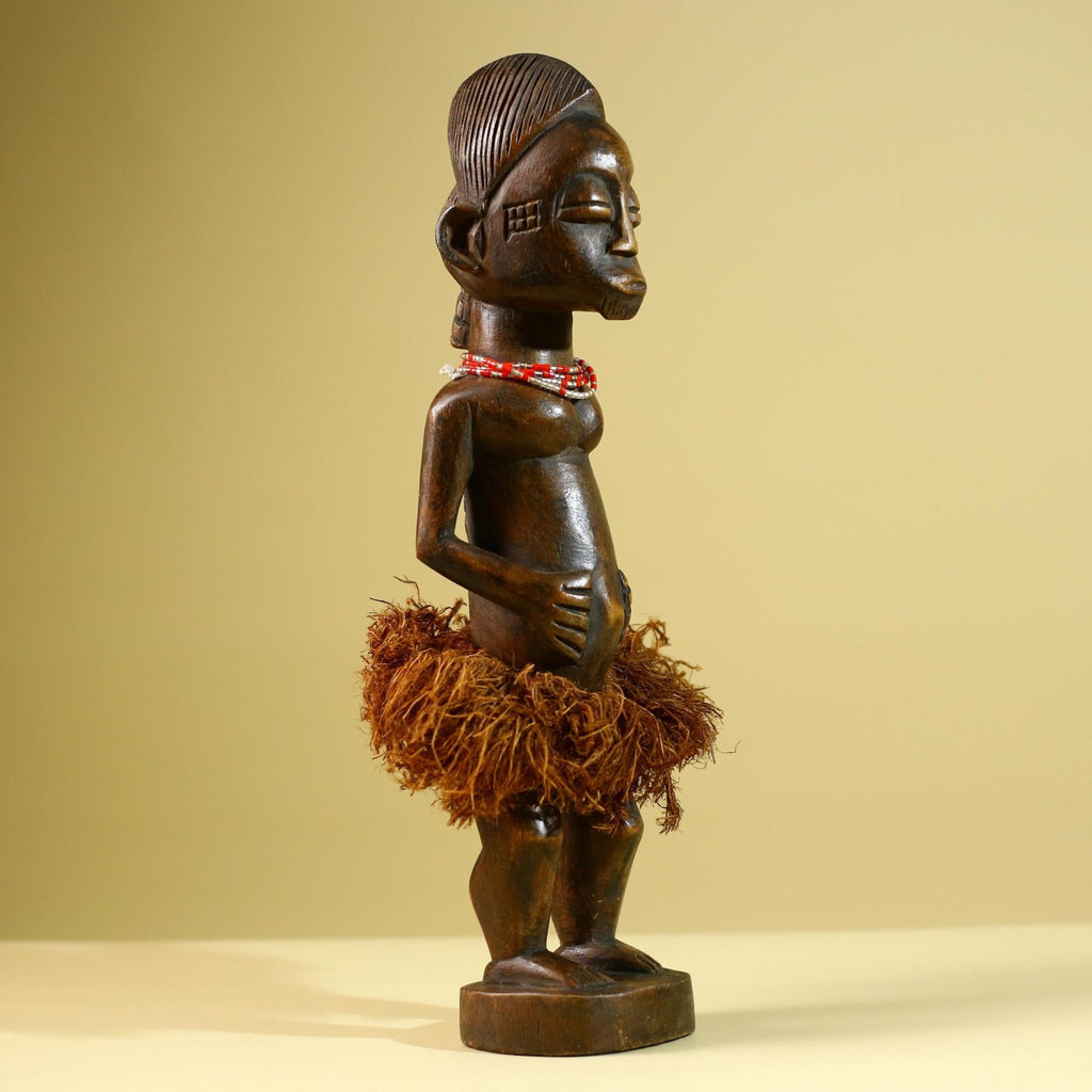 African Tribal Woman Statue with Raffia Skirt and Beaded Necklace Hand Carved Wood Figure Folk Art Home Decor Sculpture-G5805