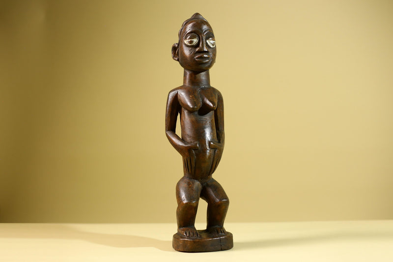 African Tribal Baule Statue: Hand Carved Wood Female Figure Sculpture Home Decor Art-G5806