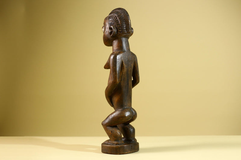 African Tribal Baule Statue: Hand Carved Wood Female Figure Sculpture Home Decor Art-G5806