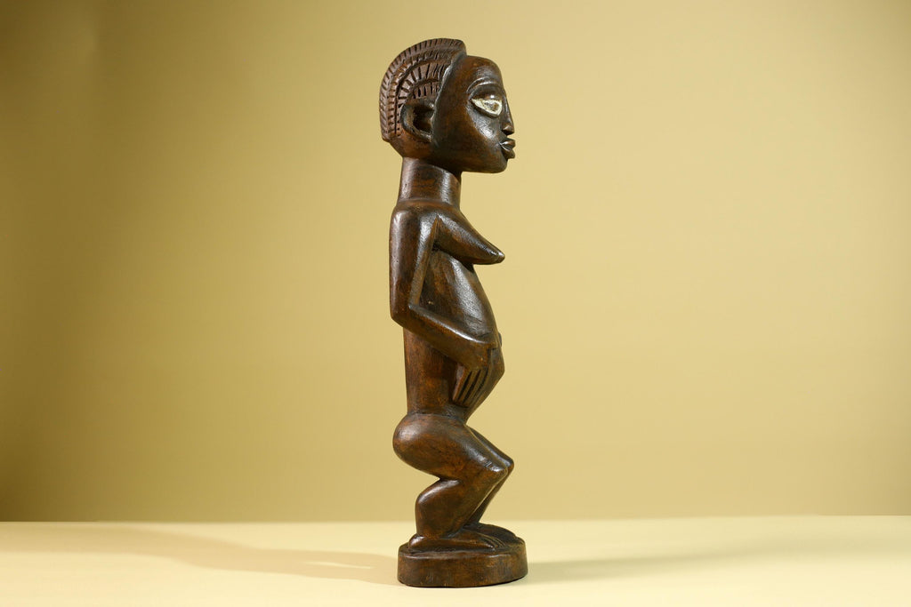 African Tribal Baule Statue: Hand Carved Wood Female Figure Sculpture Home Decor Art-G5806