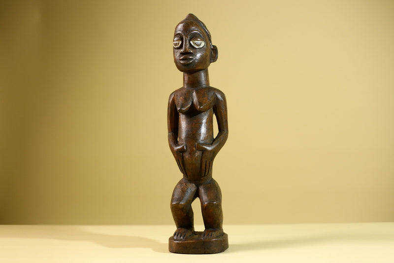 African Tribal Baule Statue: Hand Carved Wood Female Figure Sculpture Home Decor Art-G5806