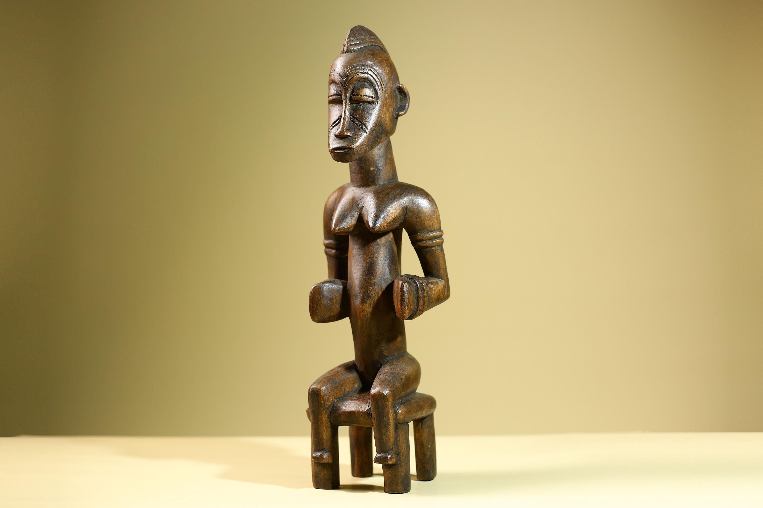African Baule Seated Female Statue Tribal Wood Carving Côte d’Ivoire West Africa Fertility Ancestral Art Sculpture Home Decor-G5814