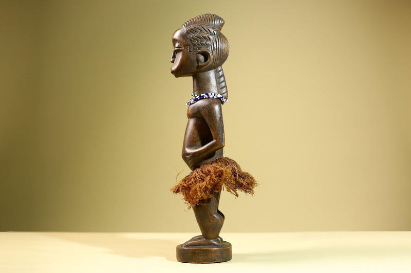 African Baule Female Statue Tribal Wood Carving with Beads Côte d’Ivoire West Africa Fertility Ancestral Sculpture Home Decor-G5815