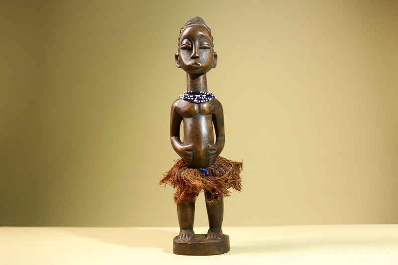 African Baule Female Statue Tribal Wood Carving with Beads Côte d’Ivoire West Africa Fertility Ancestral Sculpture Home Decor-G5815