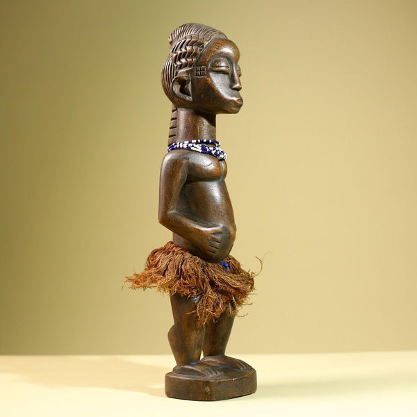 African Baule Female Statue Tribal Wood Carving with Beads Côte d’Ivoire West Africa Fertility Ancestral Sculpture Home Decor-G5815