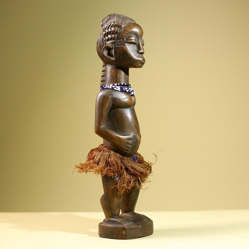 African Baule Female Statue Tribal Wood Carving with Beads Côte d’Ivoire West Africa Fertility Ancestral Sculpture Home Decor-G5815