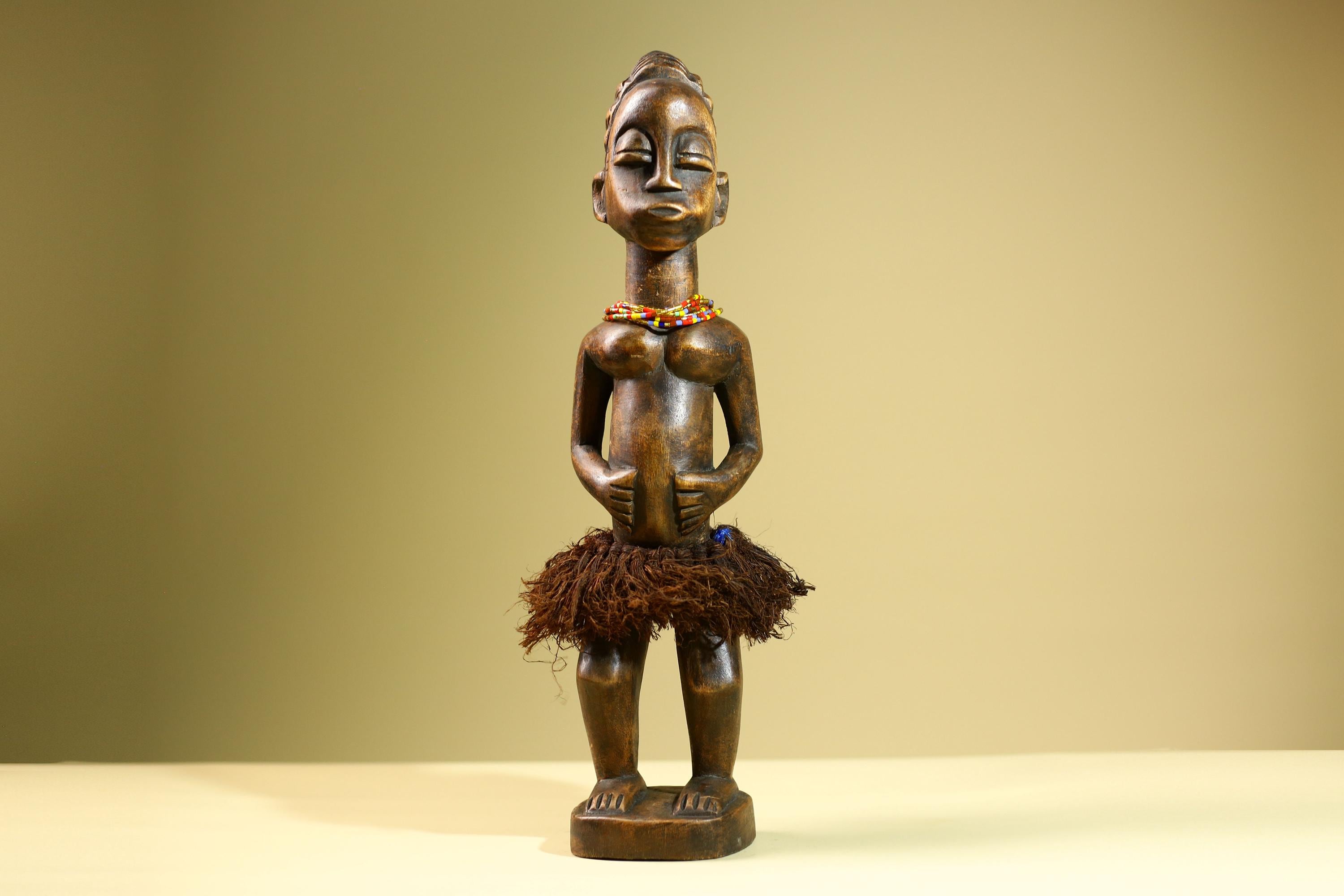African Baule Female Statue Tribal Wood Carving with Raffia and Beads Côte d’Ivoire West Africa Fertility Ancestral Art Sculpture-G5816