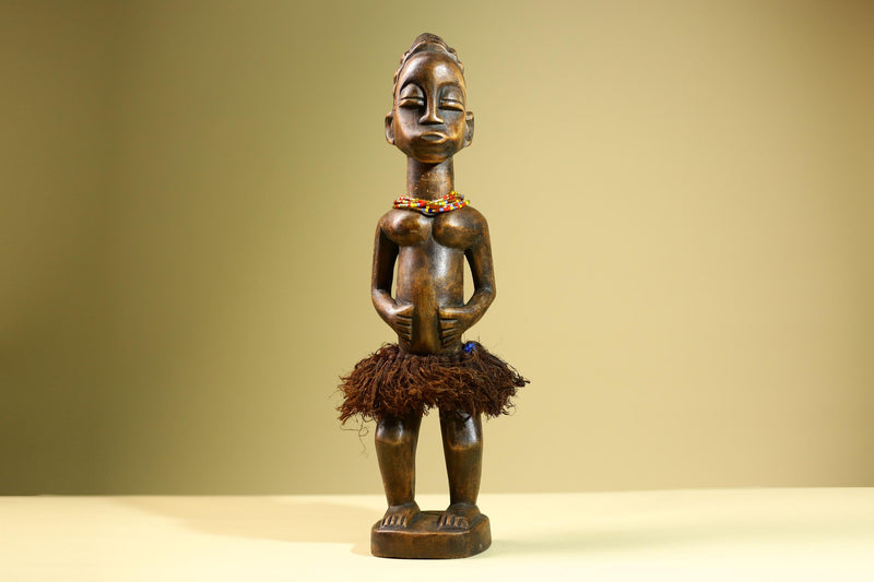 African Baule Female Statue Tribal Wood Carving with Raffia and Beads Côte d’Ivoire West Africa Fertility Ancestral Art Sculpture-G5816