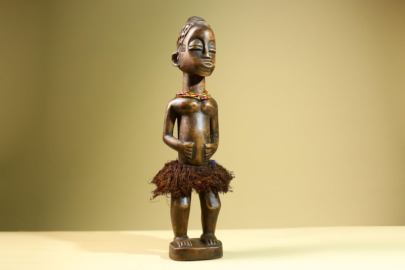 African Baule Female Statue Tribal Wood Carving with Raffia and Beads Côte d’Ivoire West Africa Fertility Ancestral Art Sculpture-G5816