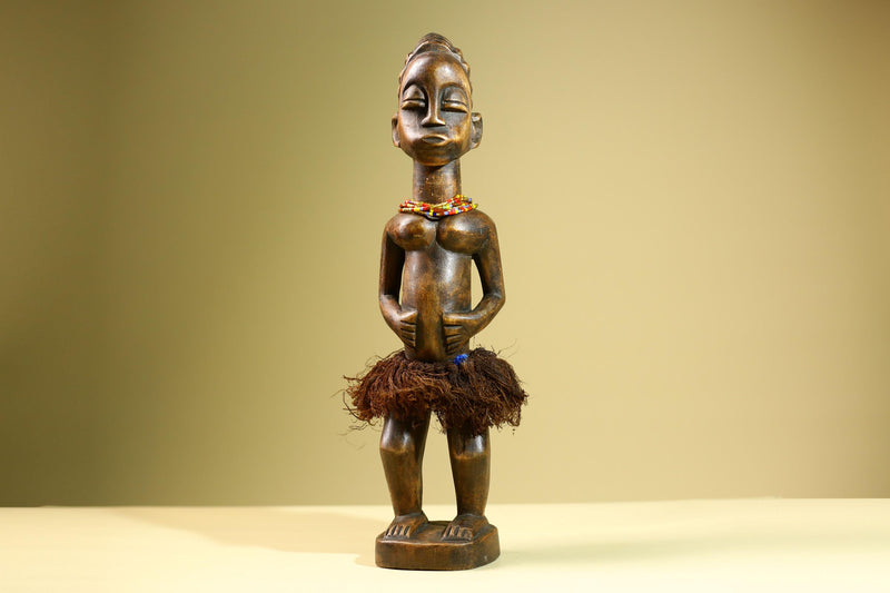 African Baule Female Statue Tribal Wood Carving with Raffia and Beads Côte d’Ivoire West Africa Fertility Ancestral Art Sculpture-G5816