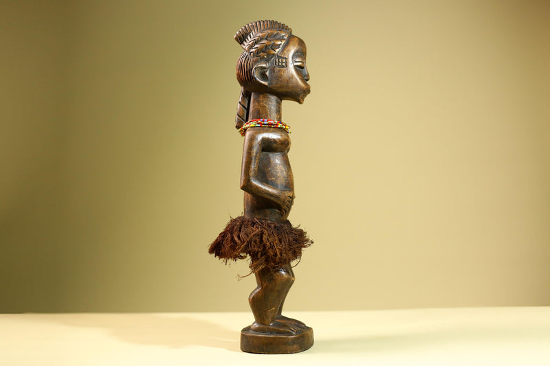 African Baule Female Statue Tribal Wood Carving with Raffia and Beads Côte d’Ivoire West Africa Fertility Ancestral Art Sculpture-G5816