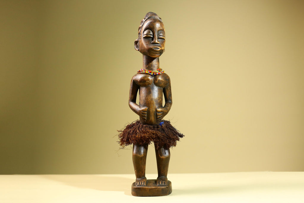 African Baule Female Statue Tribal Wood Carving with Raffia and Beads Côte d’Ivoire West Africa Fertility Ancestral Art Sculpture-G5816