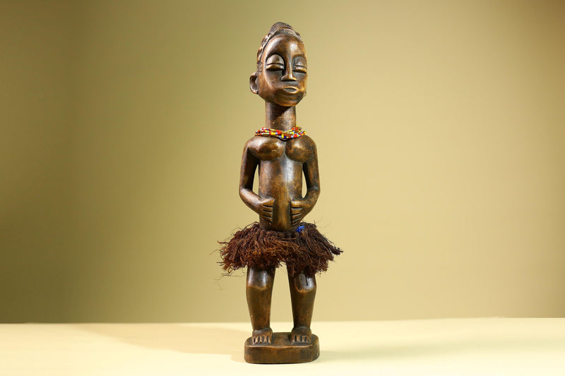 African Baule Female Statue Tribal Wood Carving with Raffia and Beads Côte d’Ivoire West Africa Fertility Ancestral Art Sculpture-G5816