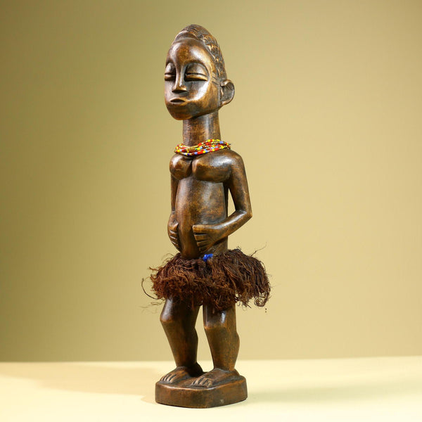 African Baule Female Statue Tribal Wood Carving with Raffia and Beads Côte d’Ivoire West Africa Fertility Ancestral Art Sculpture-G5816