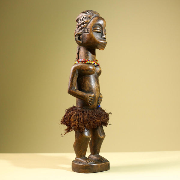African Baule Female Statue Tribal Wood Carving with Raffia and Beads Côte d’Ivoire West Africa Fertility Ancestral Art Sculpture-G5816