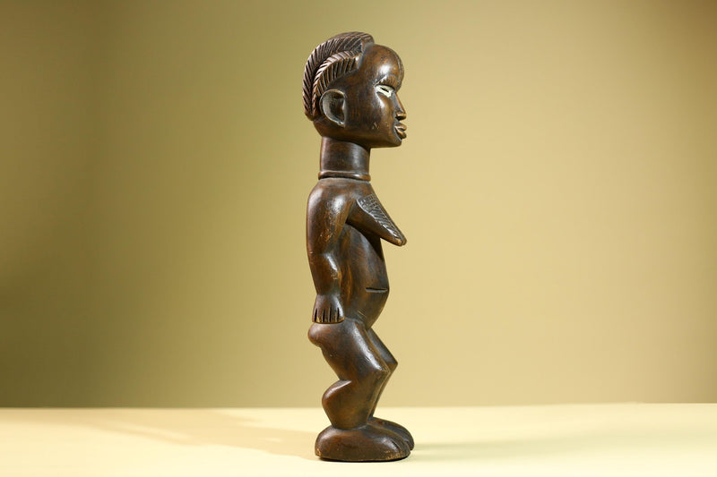Hand Carved Vintage Baule Statue: Tribal Female Wood Figure Côte d’Ivoire-G5817