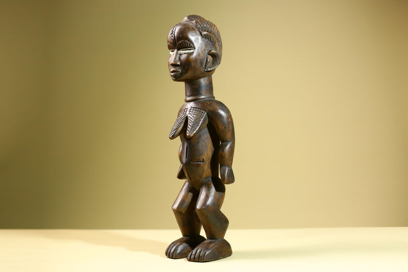 Hand Carved Vintage Baule Statue: Tribal Female Wood Figure Côte d’Ivoire-G5817