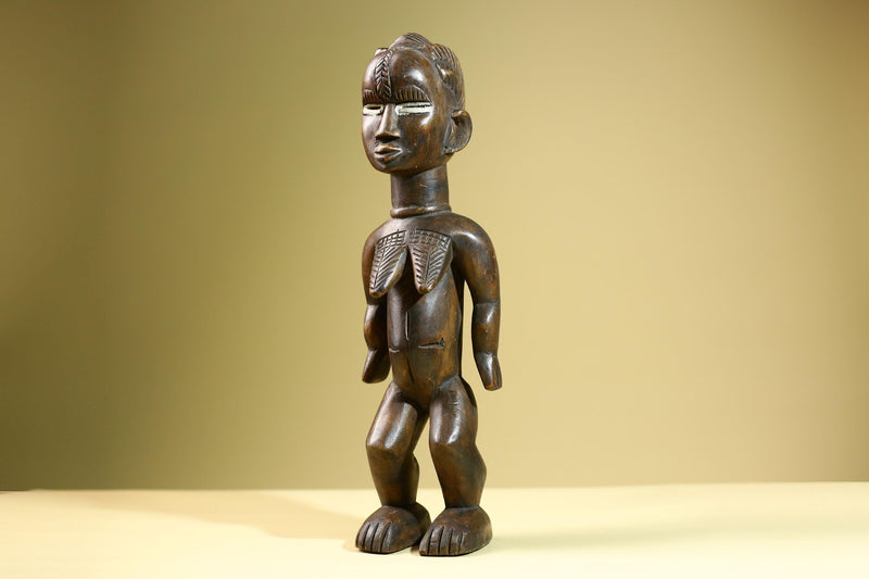 Hand Carved Vintage Baule Statue: Tribal Female Wood Figure Côte d’Ivoire-G5817