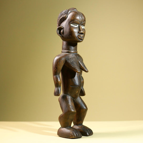 Hand Carved Vintage Baule Statue: Tribal Female Wood Figure Côte d’Ivoire-G5817