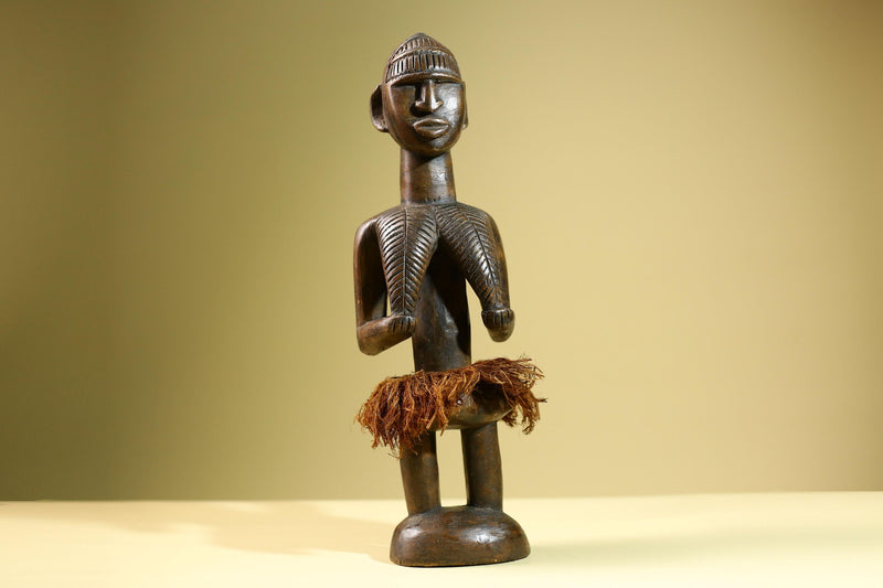 Hand Carved Vintage African Baule Statue Tribal Wood Figure with Raffia Skirt-G5818