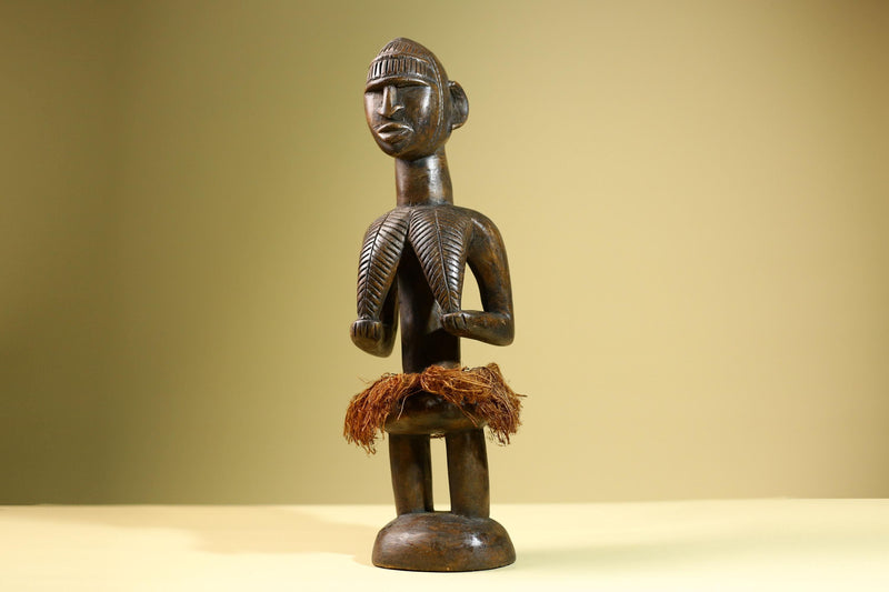 Hand Carved Vintage African Baule Statue Tribal Wood Figure with Raffia Skirt-G5818