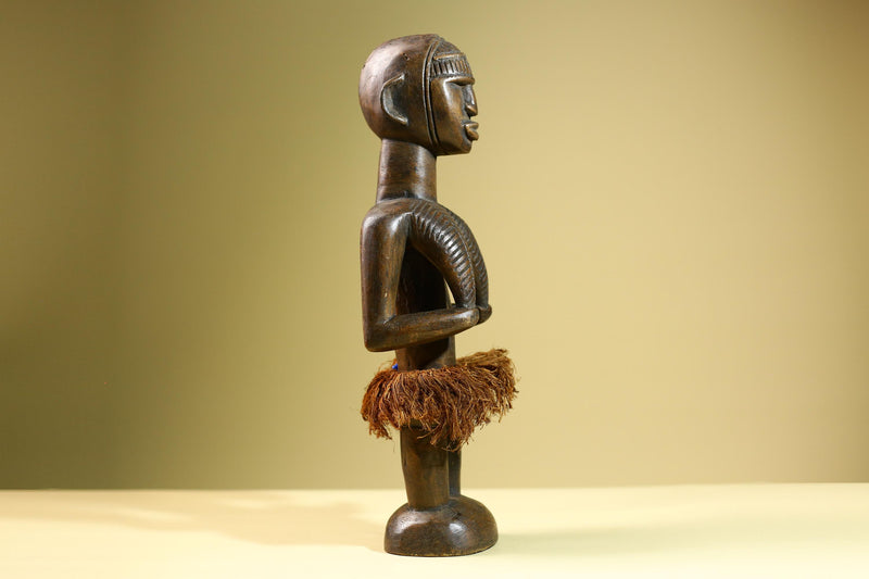 Hand Carved Vintage African Baule Statue Tribal Wood Figure with Raffia Skirt-G5818