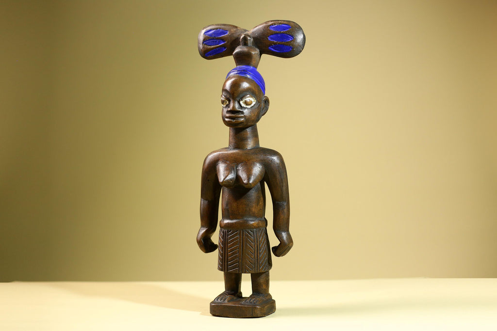 African Baule Mother-Child Statue Wood Figure Tribal Art with Blue Headdress-G5819
