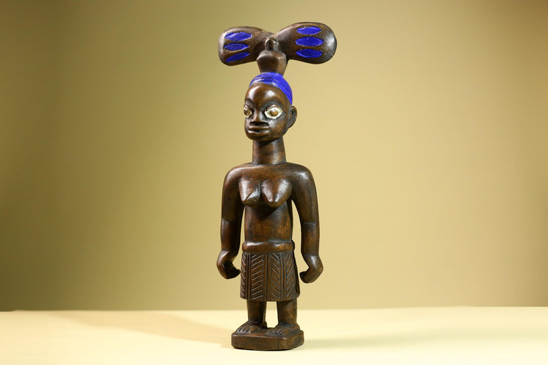 African Baule Mother-Child Statue Wood Figure Tribal Art with Blue Headdress-G5819