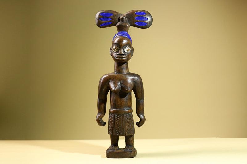 African Baule Mother-Child Statue Wood Figure Tribal Art with Blue Headdress-G5819