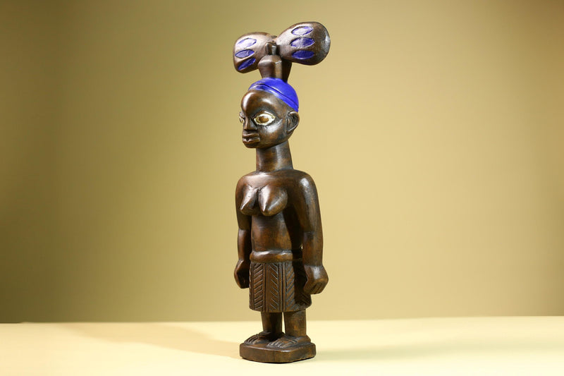 African Baule Mother-Child Statue Wood Figure Tribal Art with Blue Headdress-G5819