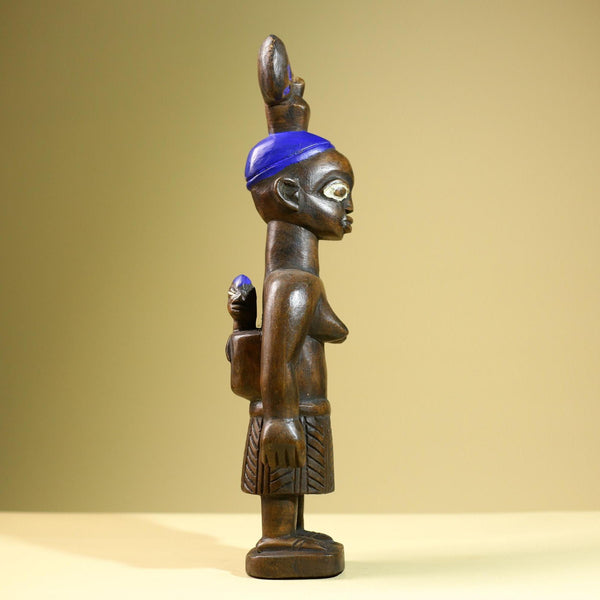 African Baule Mother-Child Statue Wood Figure Tribal Art with Blue Headdress-G5819