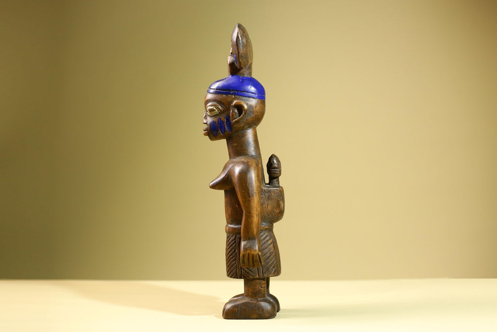 African Female Statue Tribal Mother Child Carved Wood Sculpture with Blue Headdress Handcrafted West African Figurine Art Decor-G5820