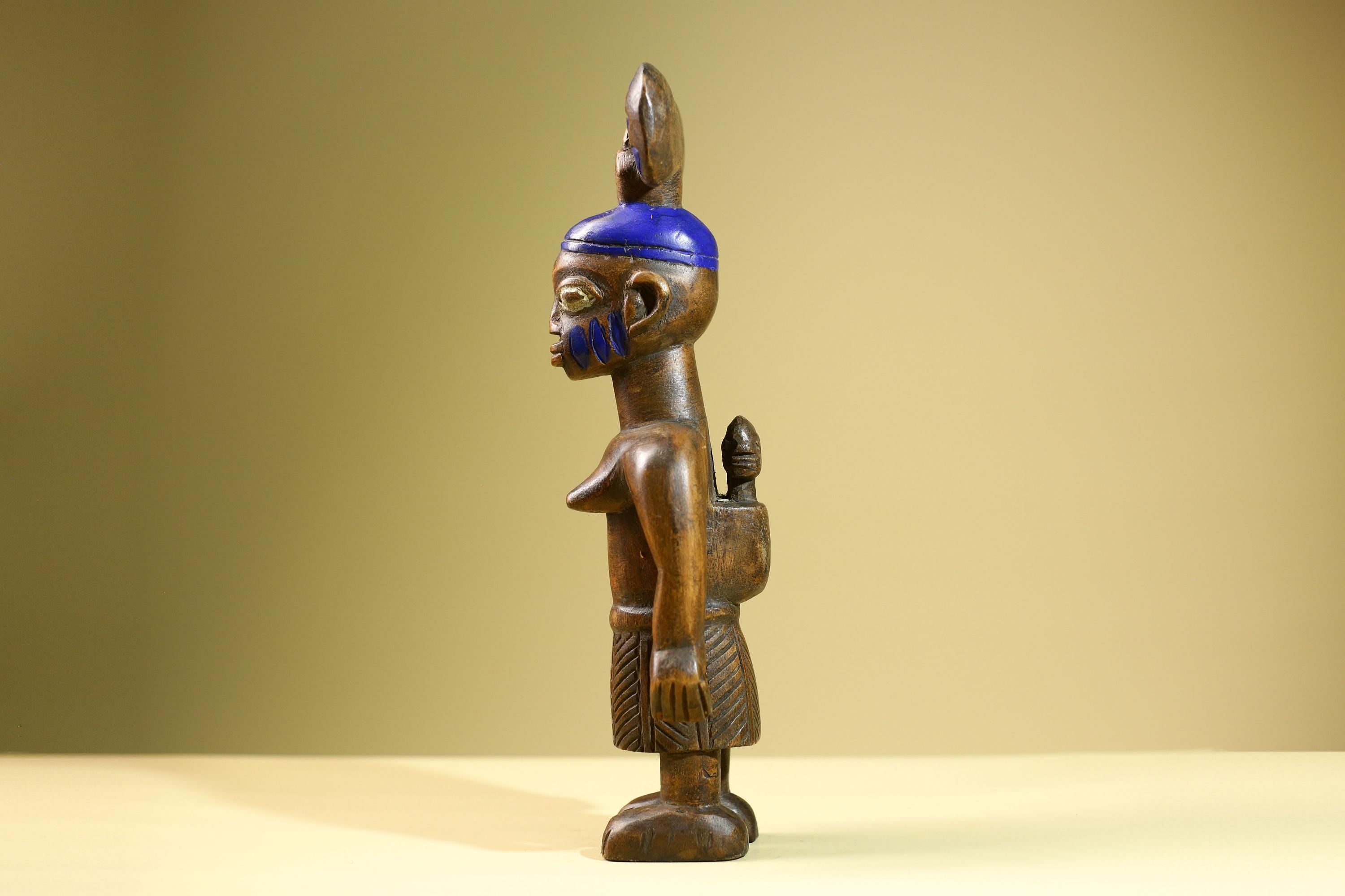 African Female Statue Tribal Mother Child Carved Wood Sculpture with Blue Headdress Handcrafted West African Figurine Art Decor-G5820