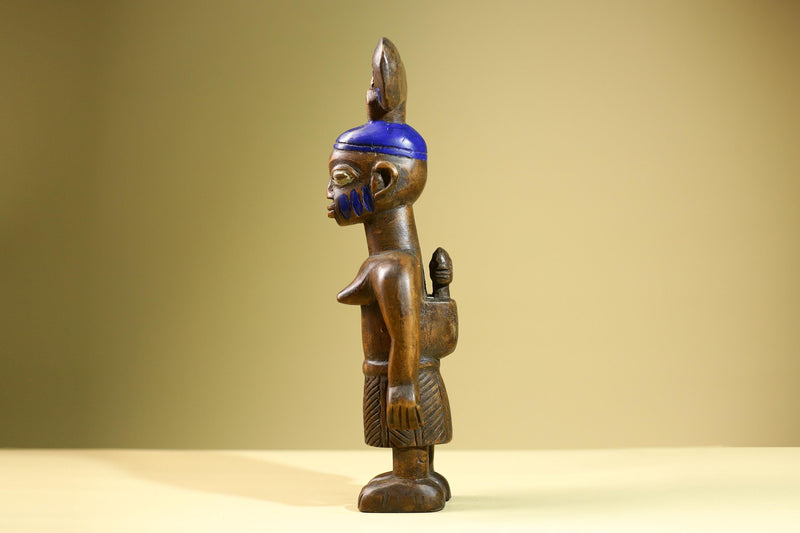 African Female Statue Tribal Mother Child Carved Wood Sculpture with Blue Headdress Handcrafted West African Figurine Art Decor-G5820